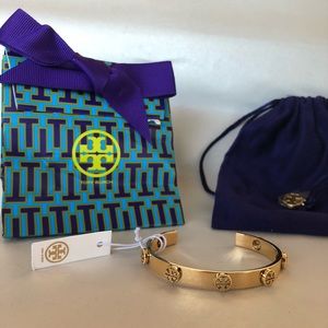 Tory Burch Studded Logo Cuff Gold Bracelet NEW